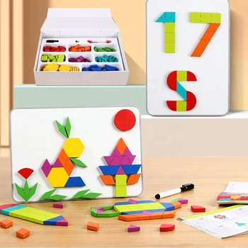 Factory hot sale baby magnetic geometric blocks 250pcs learning wooden toy set tangram wooden blocks