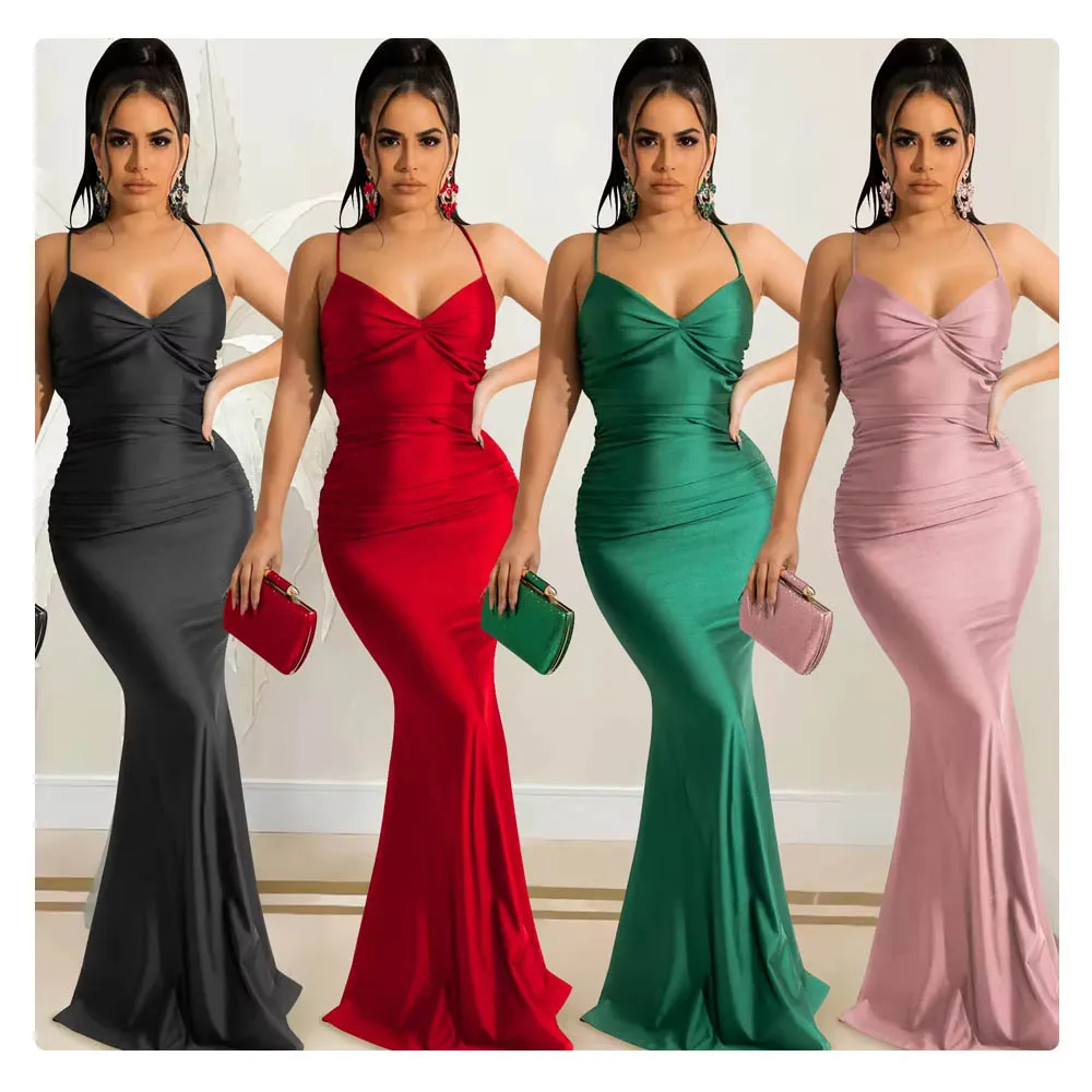 2022  New Design Solid Color Sexy Suspender Wrap Chest Close Back Strap Tight Dress