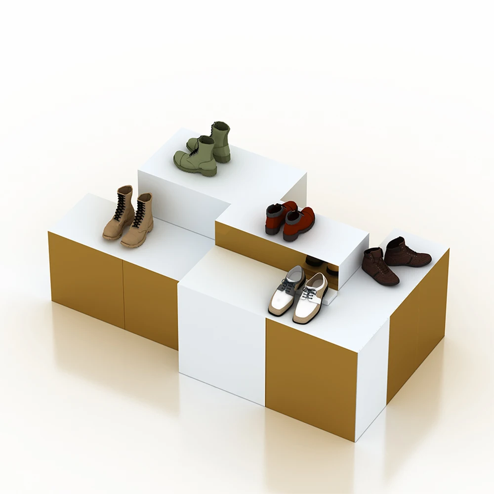 Retail Custom Store Fixture Wood Metal Rack Frame Gold Stable Soft Bamboo Shoe Bench with Leather Seat