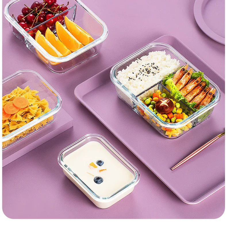 Rectangular High Borosilicate Glass Bento Lunch Box Set Microwave Safe Food Storage Container Crisper With PP Cover