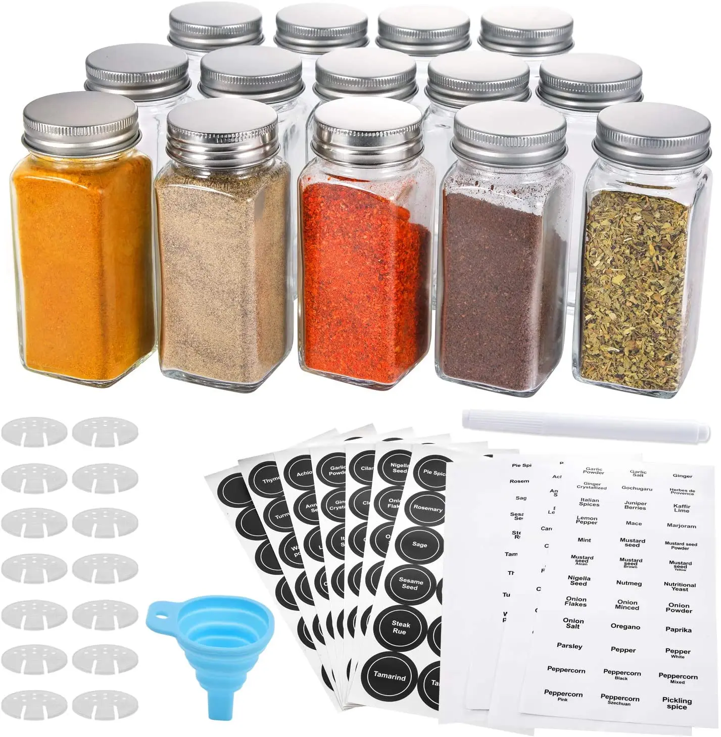 35 Pcs Glass Spice Jars with 400 Spice Labels 4oz Square Spice Bottles with Shaker Lids and Airtight Metal Caps Chalk Marker and Funnel Included 
