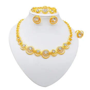 Women's Gold Plated Wedding Dinner Jewelry Set Diamond Color Collar Necklace Earrings Bracelet Ring-for Anniversary