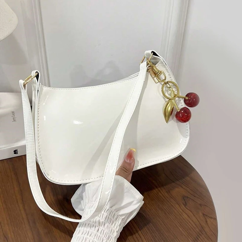 Women's PU Leather Handbag Single Strap Polyester Versatile Fashion Solid Color Cherry Pendant Casual Commuting
