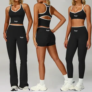 5 Pcs Women's Yoga Set Cross Strap Sports Bra Hollow Out Vest Crop Top High Waist Squatproof Leggings Workout Clothes Activewear