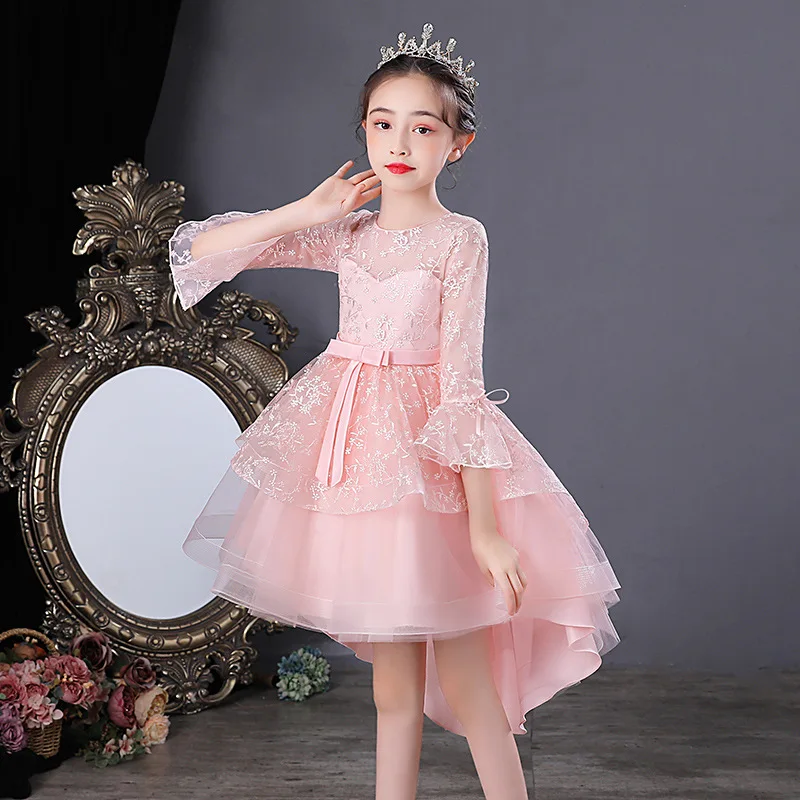 Latest Design Low Cut Handmade Short Front Long Back Flower Baby Girl Party Wedding Dress for 8 Years Old