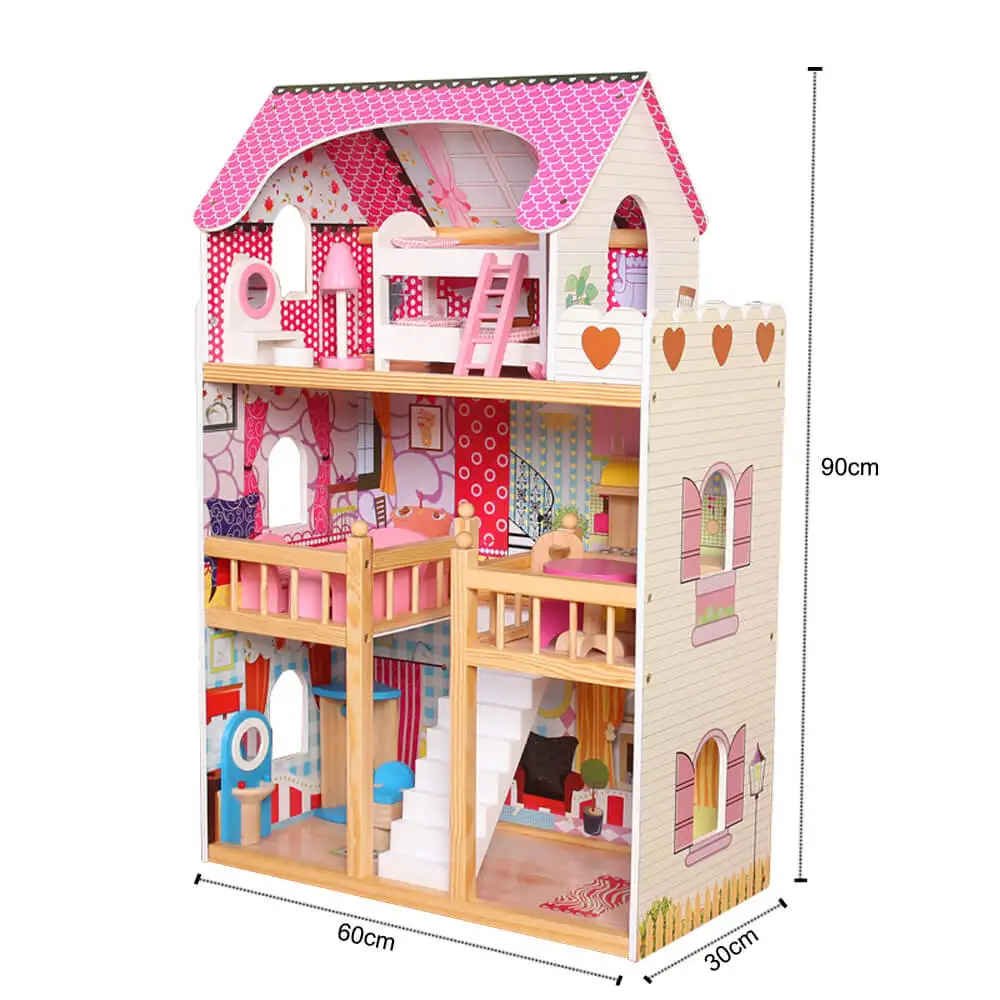 Huluwat Pink Classic Wooden Dollhouse for Toddlers with of