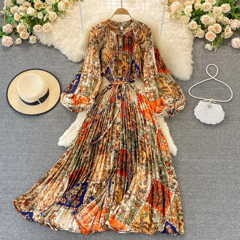 New Spring Autumn Loose Long Sleeve Printed Satin Single Breasted Pleated  Maxi Plus Size Women'S Casual Dresses