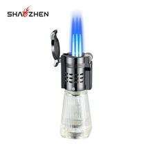 SHAOZHEN Hot Selling Triple Torch Cigar Gas Lighter With Transparent Gas Tank, Wholesale Refillable Butane Portable Lighter