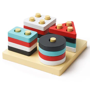 Children's educational wood four sets of early education shape color cognitive building blocks matching toys wholesale