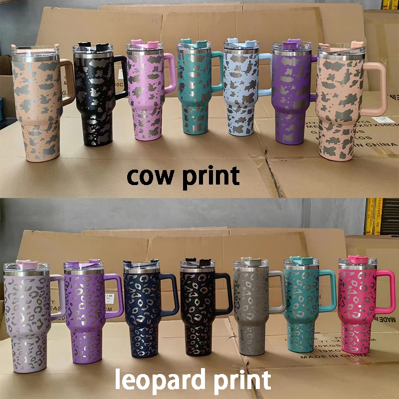 40oz Tumbler Cow Print Leopard With Handle And Straw Stainless