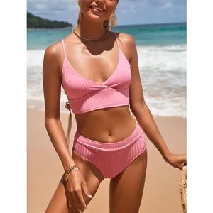 Tankini Swimsuit Solid Color V-neck Pit Stripe Swimwear Beachwear Big Size Bikinis High Waisted for Plus Size Women