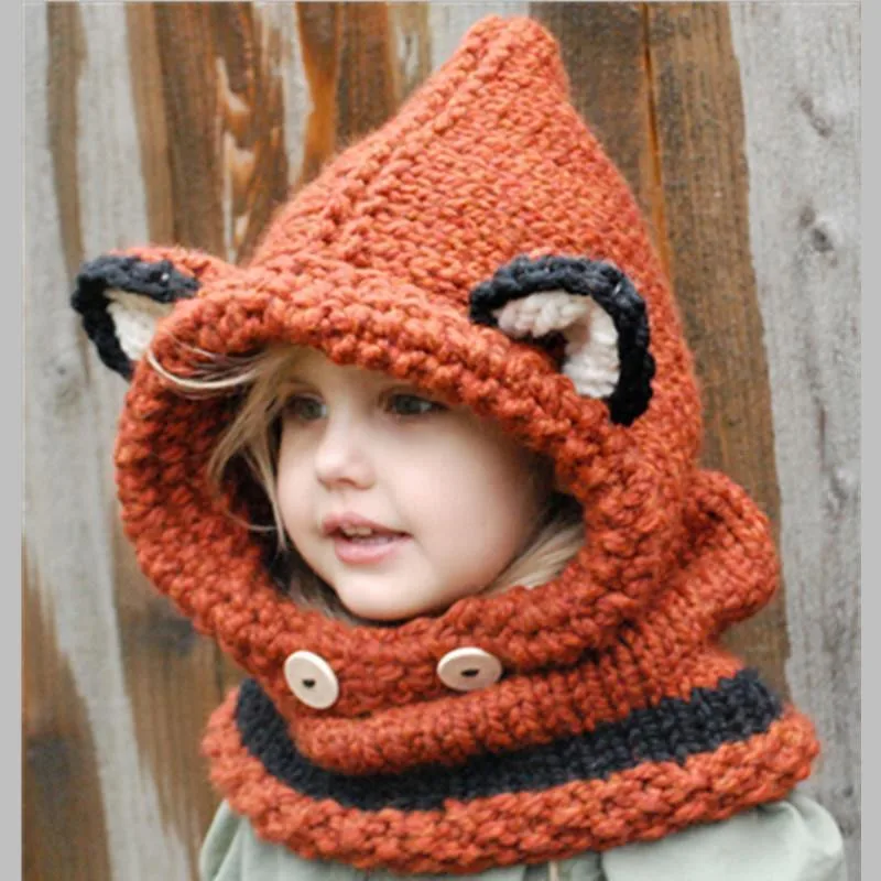 Baby Kids Child Winter Cute Knitted Fox Ear Hat Cap Hooded Scarf Earflap Beanies