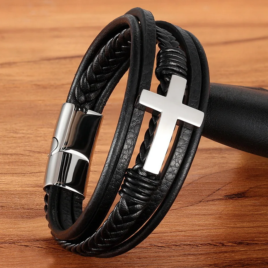 men's leather cross bracelet