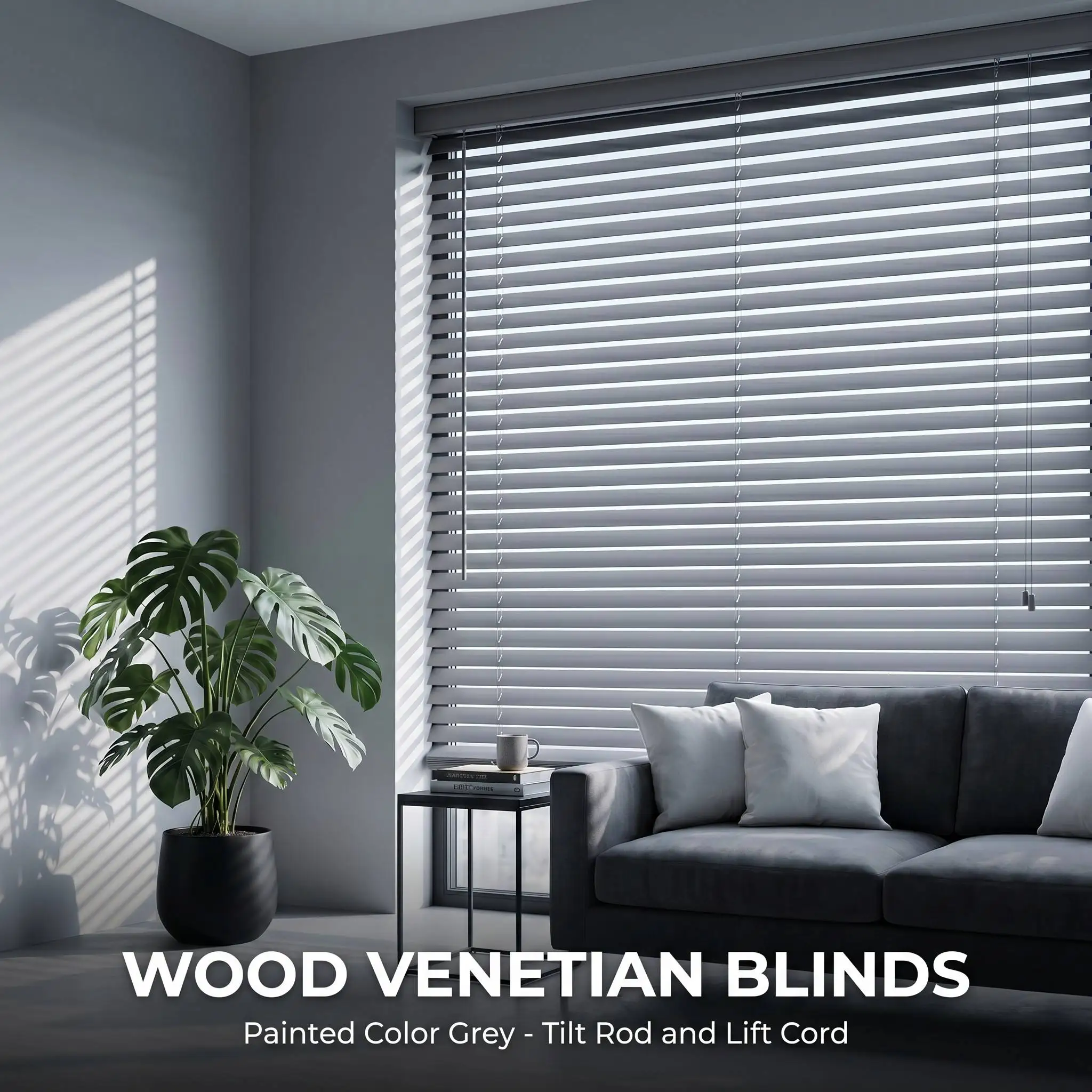 Wood Venetian Blinds Painted Color Grey Tilt Rod Lift Cord 50mm Slats Custom Size Inside Outside Mount OEM