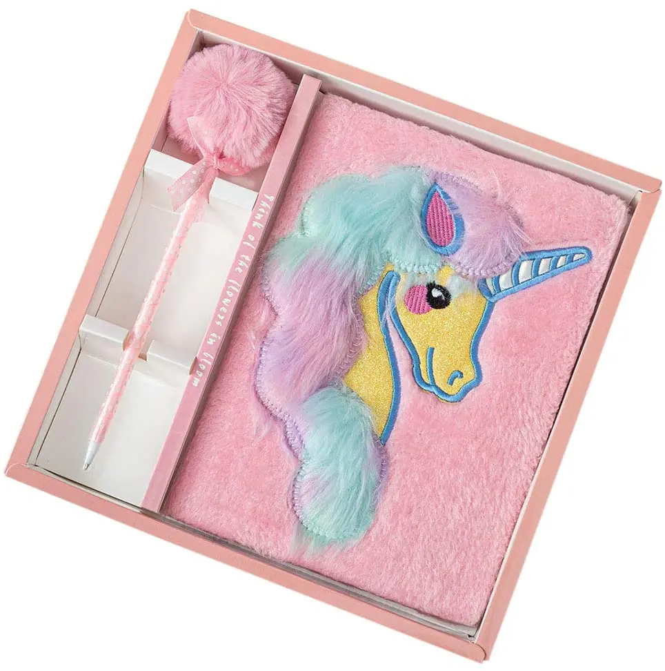 product faux fur plush diary pop it notebook journal set with pom pen kids school stationery set-7