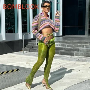JY Z702PT Knit Women Pants Summer Thin Stacked Pleated Bandage High Waist Skinny Chic Patchwork Trouser Pants