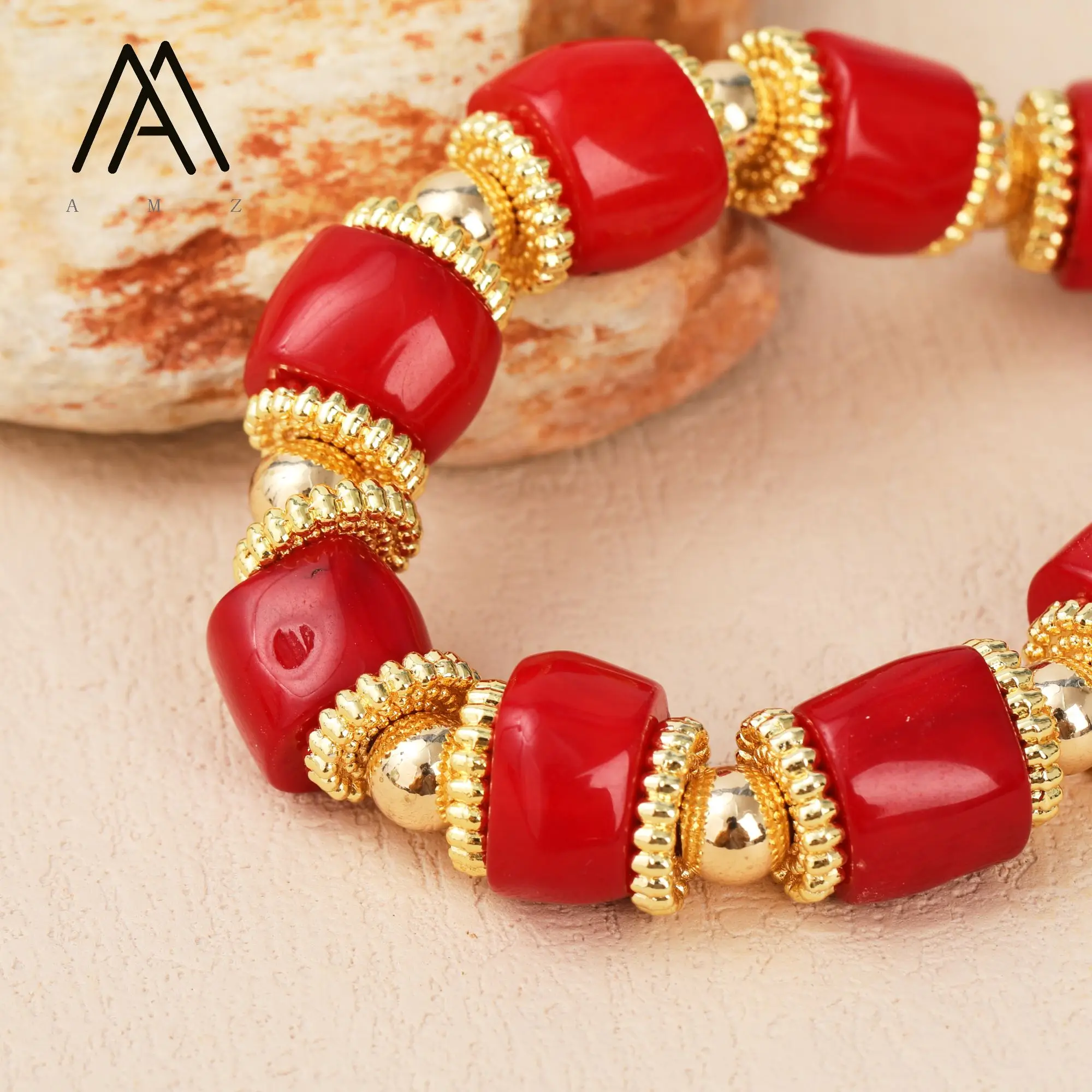 Vintage Red Coral Bracelet with Gold Plated Copper Spacer