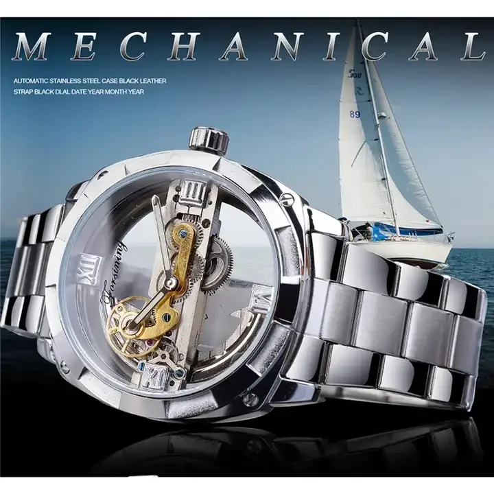 Winner GMT1165 Mechanical Skeleton Automatic Watch Men Transparent Design Stainless Steel Strap Wristwatches for Men Relojes
