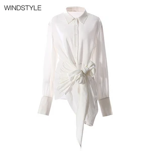 Women's Fashion-Designed Long Sleeve Loose Fit Business Top Cotton Knitted Ruffled Stand Bow Lace-Up for Office Autumn Spring