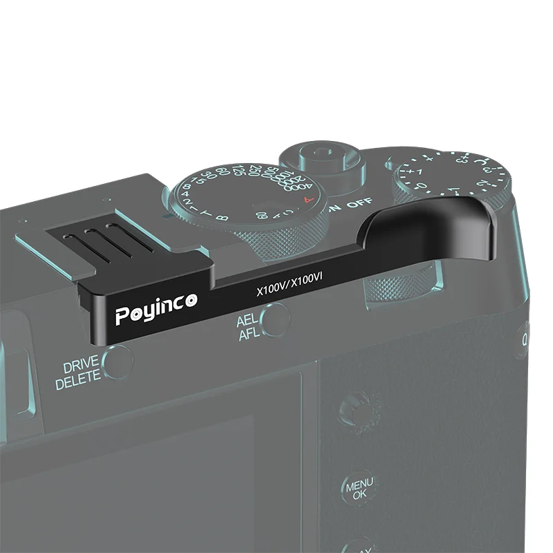 Empuñadura ligera negra y plateada con forma de pulgar hacia arriba, zapata caliente en aleación de aluminio, empuñadura de apoyo para la mano para Fujifilm XE4, XE3, X100V, X100VI y X100F