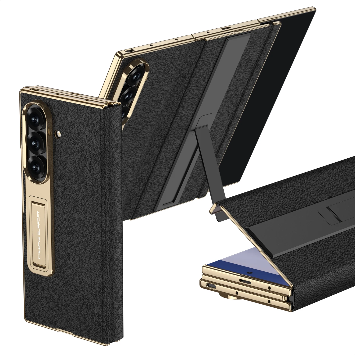 Electroplated Leather Golden Sides Back Cover with Stand Holder Phone Case Cover for Samsung Galaxy Z TriFold case