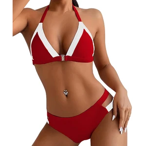 Factory Custom Women Two Piece V-Neck Handmade Print Swimsuit Color Blocking Sexy Triangle Bikini Sets