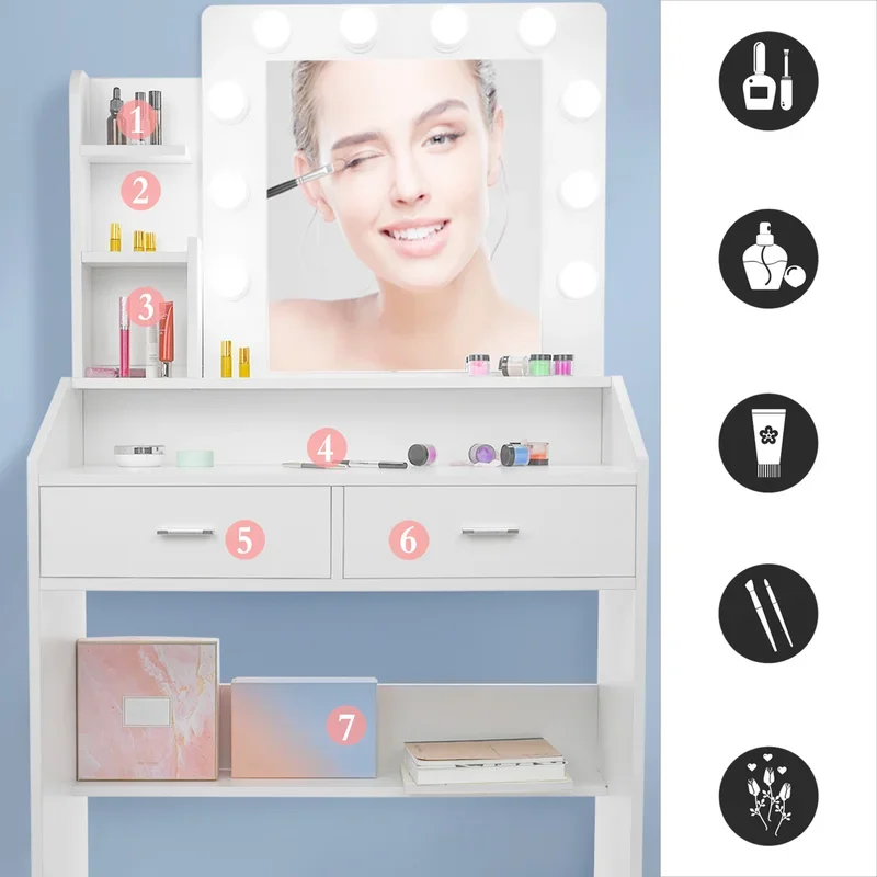 White Dresser Drawers Bedroom Furniture Vanity Table With Led Light Makeup Mirror Buy White