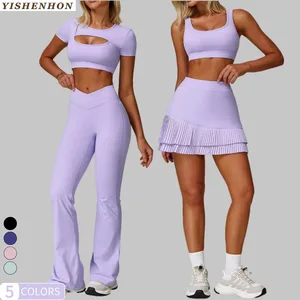 YISHENHON New Arrivals Summer V Front Flared Leggings 7-pieces Yoga Set Breathable Quick Drying Womens Sport Fitness Suits