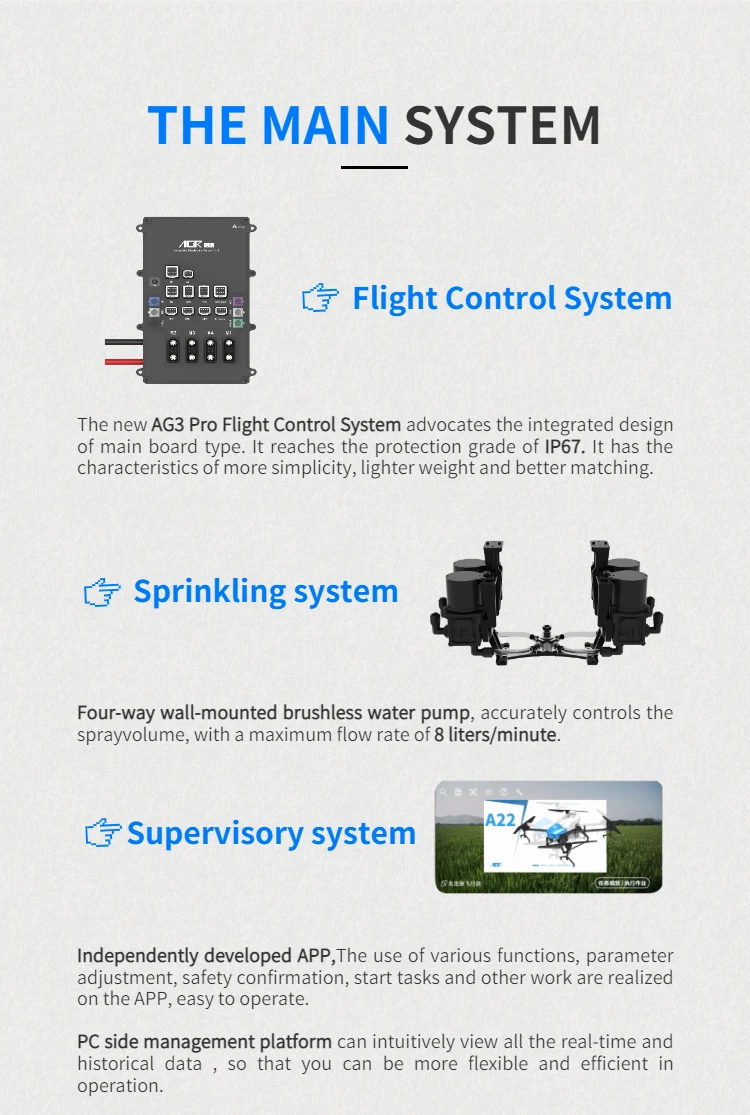 AGR A22 RTK 20L Agriculture Drone, the new AG3 Pro Flight Control System reaches the protection grade of IP67 . it