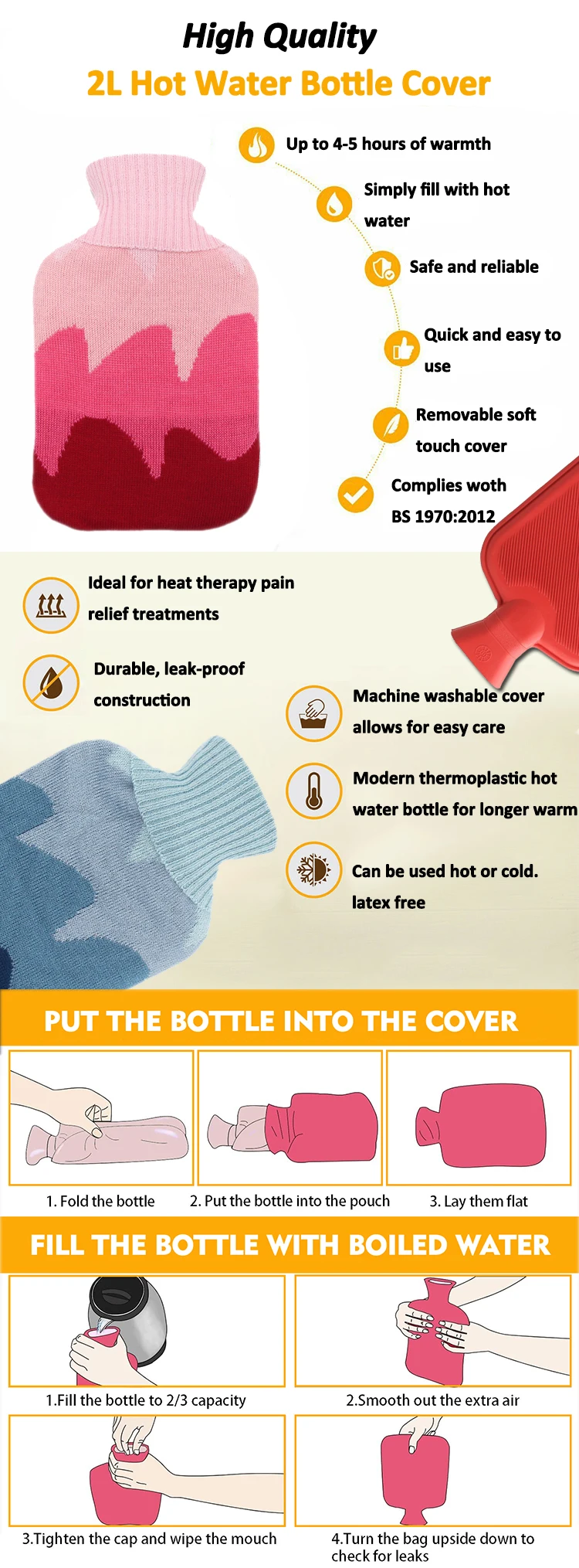 hot water bottle 1000ml with knitted cover classic rubber hot water bag for hot and cold therapy