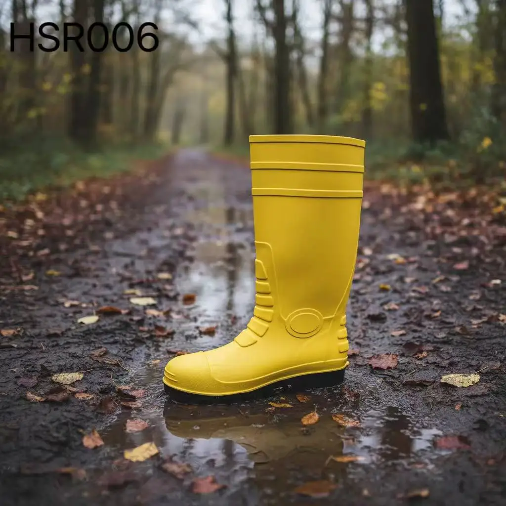HY, settore della pulizia, protezione dei piedi: stivali da pioggia giallo fluorescente ad alta visibilità, realizzati in PVC con tecnologia di stampaggio integrale, antiperforazione, modello HSR006