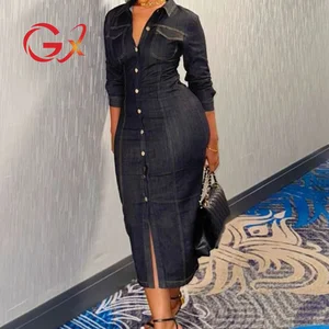 GX2270 Fashion 2026 Spring Clothing Boutique Casual Long Sleeve Turn Down Neck Denim Dress Ladies Elegant Jeans Maxi Dresses