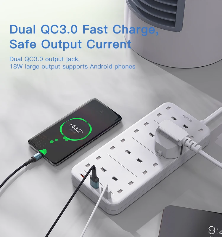 YESIDO 2 Meter MAx 3250W capacity 8 AC ports Power Socket with PD and QC fast charging USB ports