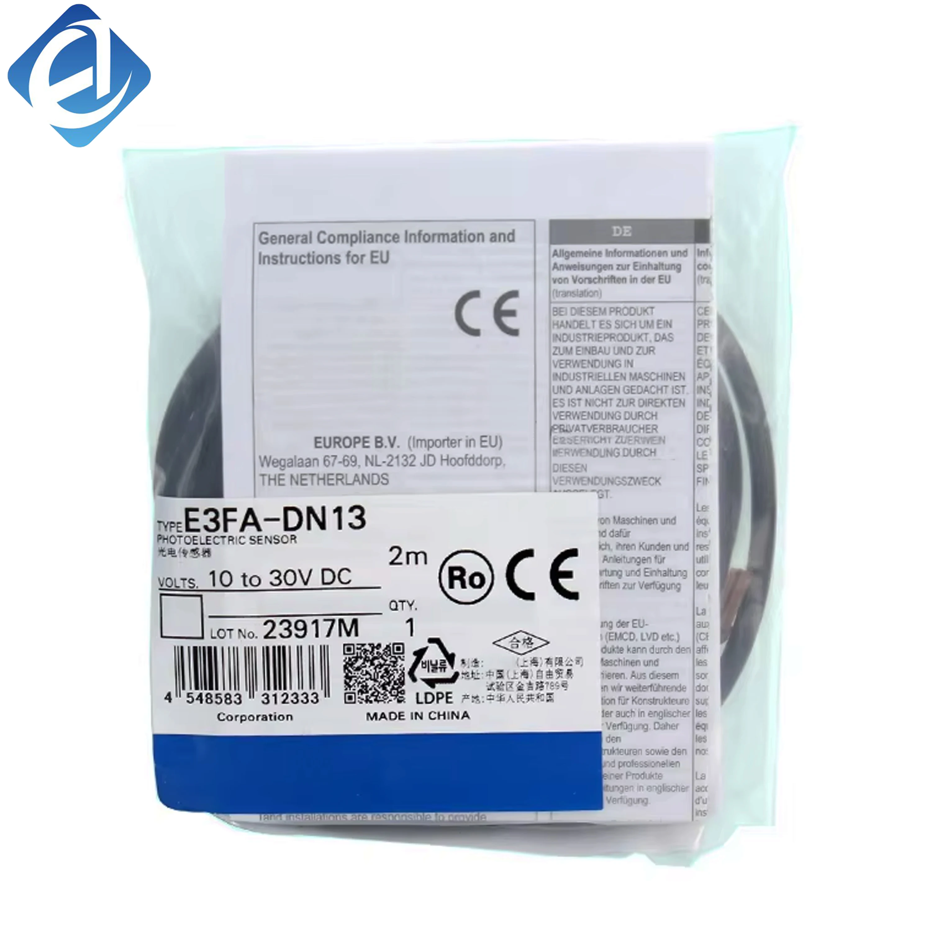 New Original Omron E3FA series diffuse-reflective photoelectric sensor. It features high sensitivity, stable detection and good environmental resistance. Widely applied in material detection, conveyor counting, position identification and general industri