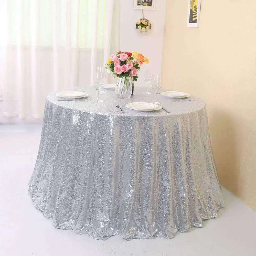 High Quality Polyester Embroidery Wedding Banquet Party Pet Sequin Table  Cloth Overlay Round Silver Sequin Tablecloth, image size:1000x1000