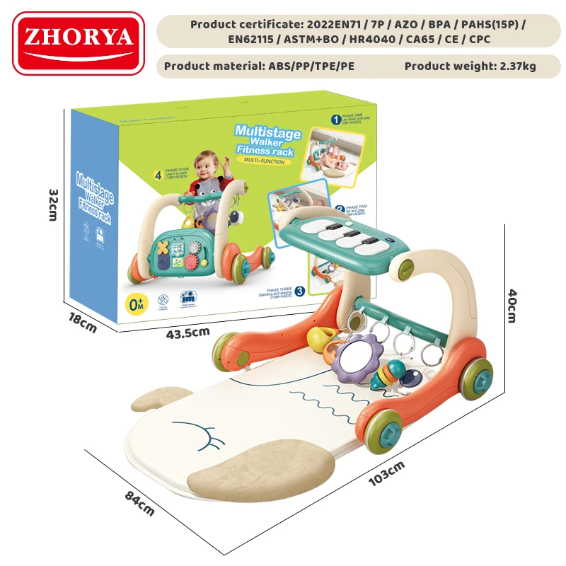 Zhorya 3 in 1 Baby Trolley Walker Educational Learning Toys Play Mats Push Adjustable Wheel Baby Walkers
