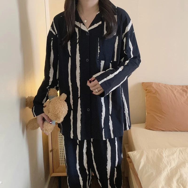 Factory-Designed Home Clothing Set for Spring Autumn New Breathable Cotton Cardigan Long Sleeve Pajamas Trousers Sweet Knitted
