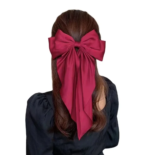 Solid Wedding Long Ribbon Korean Hairpins Barrette Hair Accessories Gifts Vintage Big Large Satin Bow Hair Clip for Women Girls