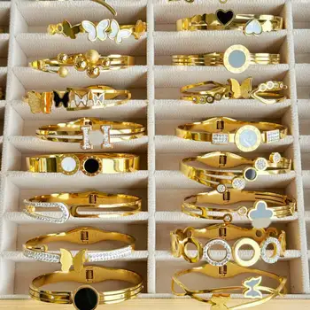 18k Gold Plated Crystal Bracelets for Women Non-fading Clover Bangles Bijoux en acier inoxydable stainless steel bracelet