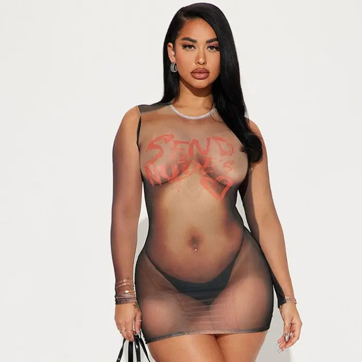 Fashion 2025 Spring Long Sleeve Character Print Round Neck Dress Tight Sexy Mini Suit Women Hip Dress