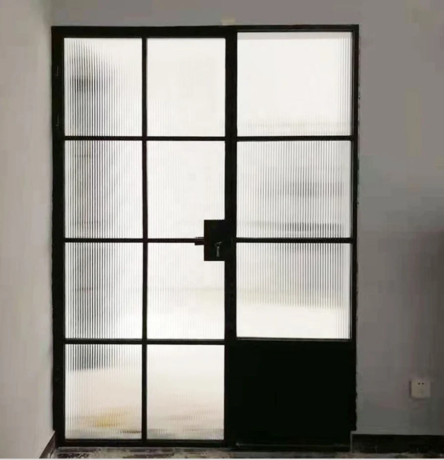 Iron windows and Doors Black Frame Steel Tube Tempered Glass French Doors with Grids Design