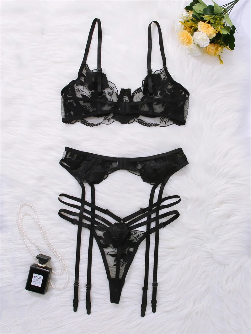 Women Sexy Lingerie Set With Garter Belts Underwire Lingerie Black ...