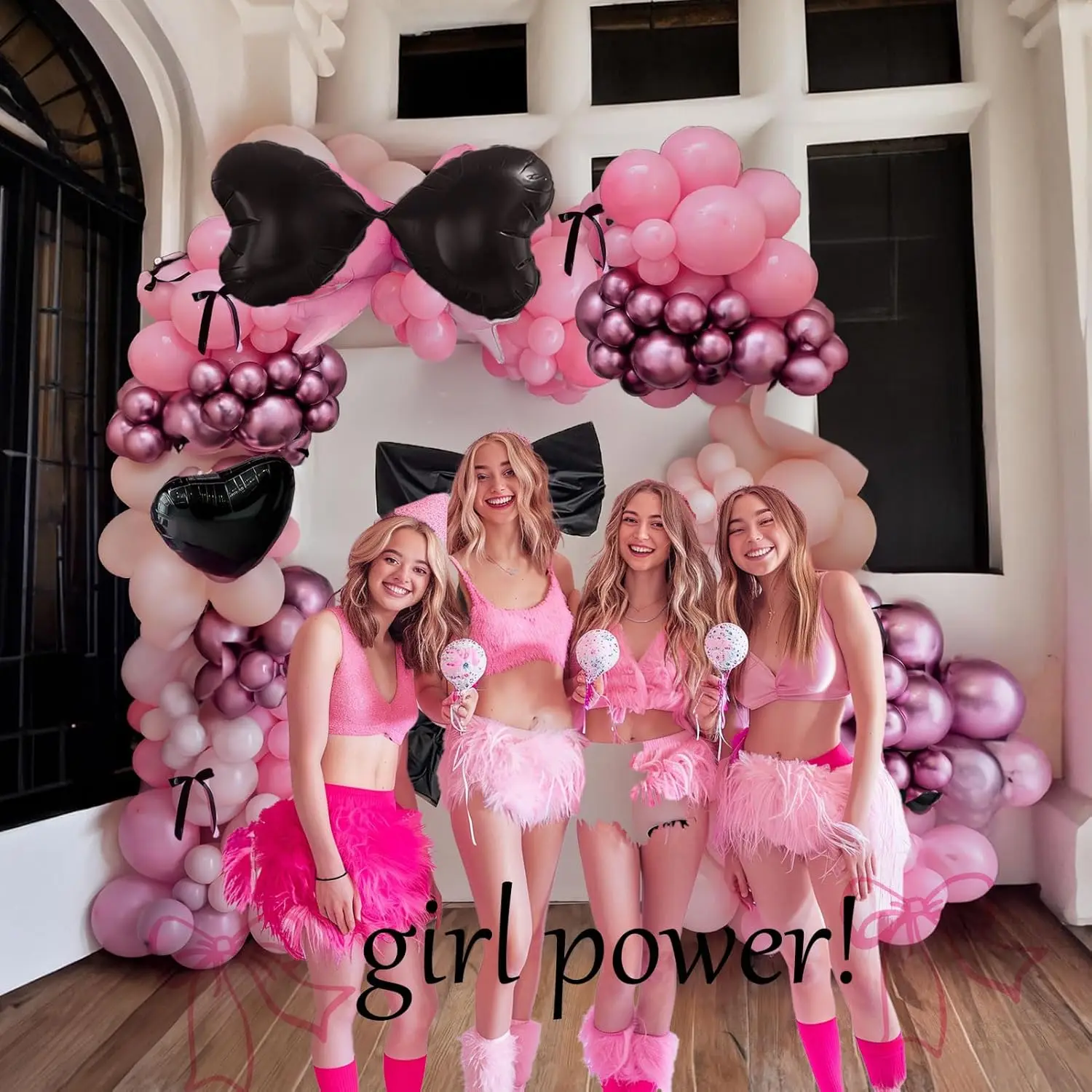 product 150pcs pink black bow balloon garland arch kit bow tie and bow mylar balloons for girls birthday decorations-4
