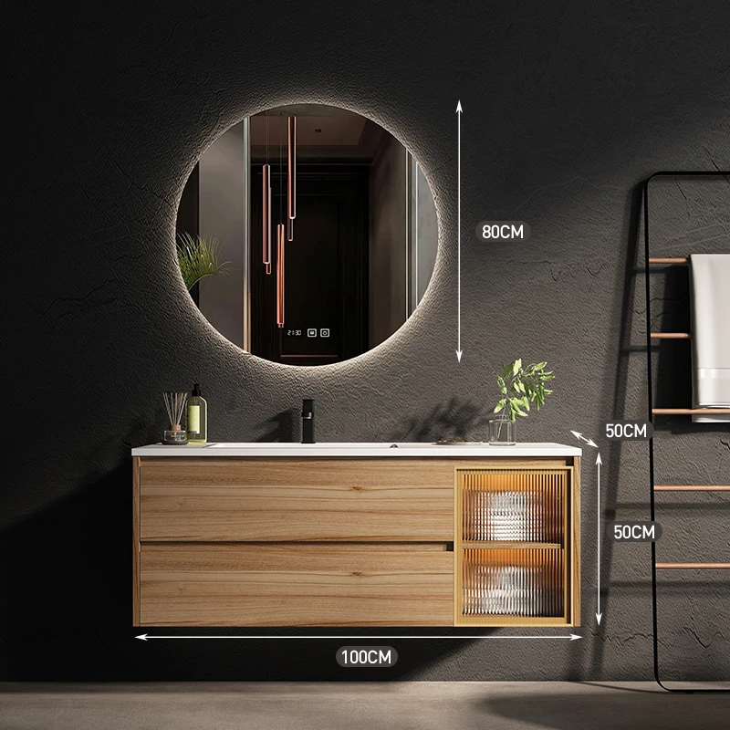 OEM Nordic Modern Log Color Round Mirror Bathroom Vanity Combination Washstand Solid Wood Bathroom Cabinet With Sink