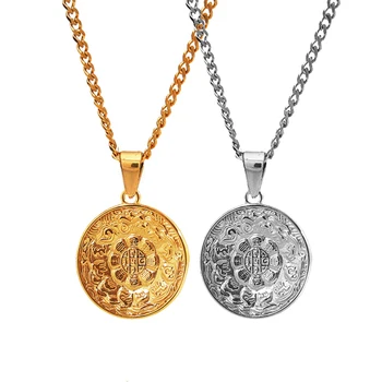 Vintage Religious Jewelry Gold Silver Medal Coin Astrology Necklace Stainless Steel Ancient Tibetan 12 Zodiac Sign Necklace
