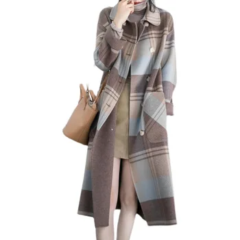winter 2021 Women's fashion plaid tweed jacket Medium length double-breasted long women's woolen coats for ladies women