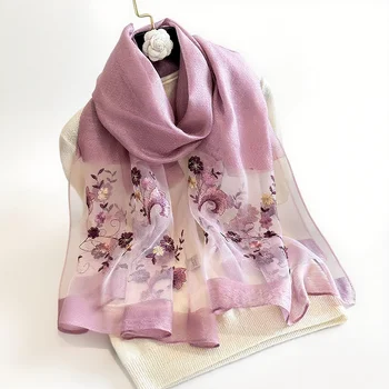 Women'S Elegant Long Sunscreen Gauze Scarf Beaded Simulated Silk Embroidered Begonia Flower Traditional Scarves & Shawls
