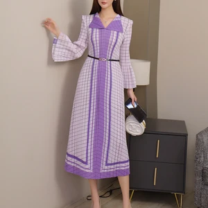 Miyake Plaid Pleated Midi Dress - Lapel Bell Sleeve Belted for Elegant Style Women's Casual Dress