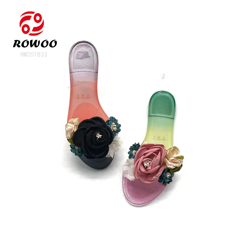 Hot Sales New Design Lady Candy Shoes Rose Flower Luxury Wedding PVC Jelly Stylish Fashion Sandals slippers for Women
