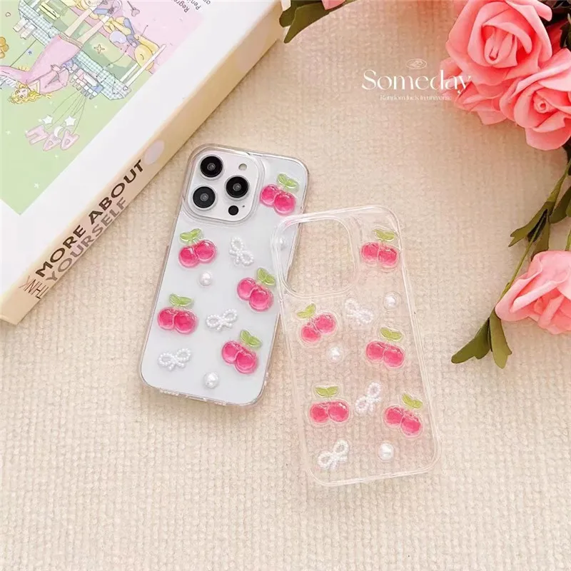 3D Cherry iPhone Case with Butterfly & Pearl Design